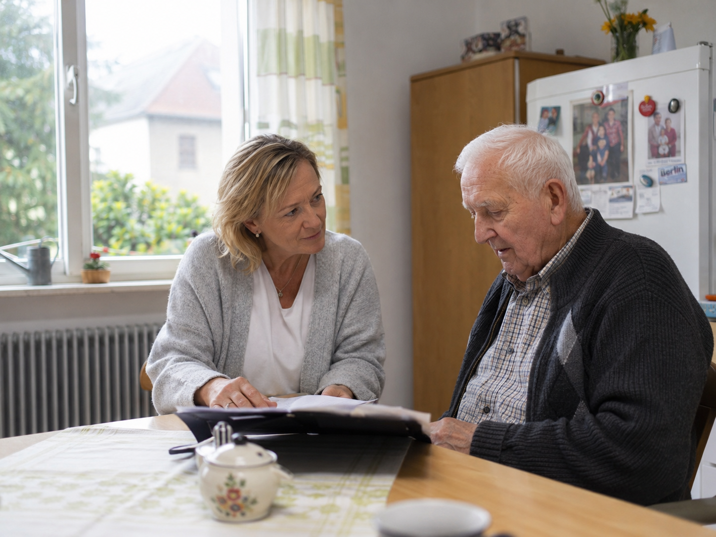 Alltagsbegleiterin bespricht zuhause Unterlagen mit einem Senior